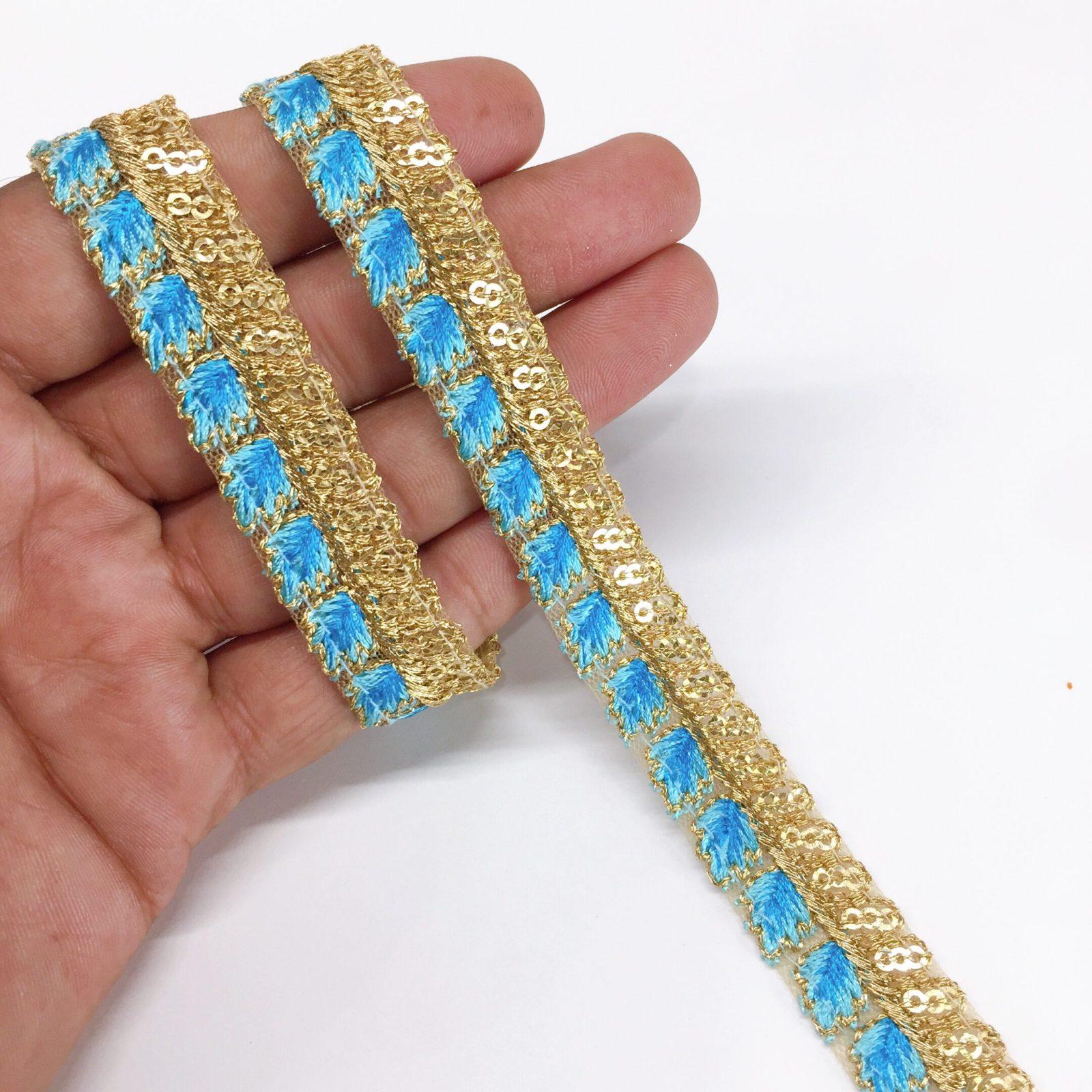 15mm Leaf Design Embroidery lace with Golden Sequins Work Border, shown on white cotton
