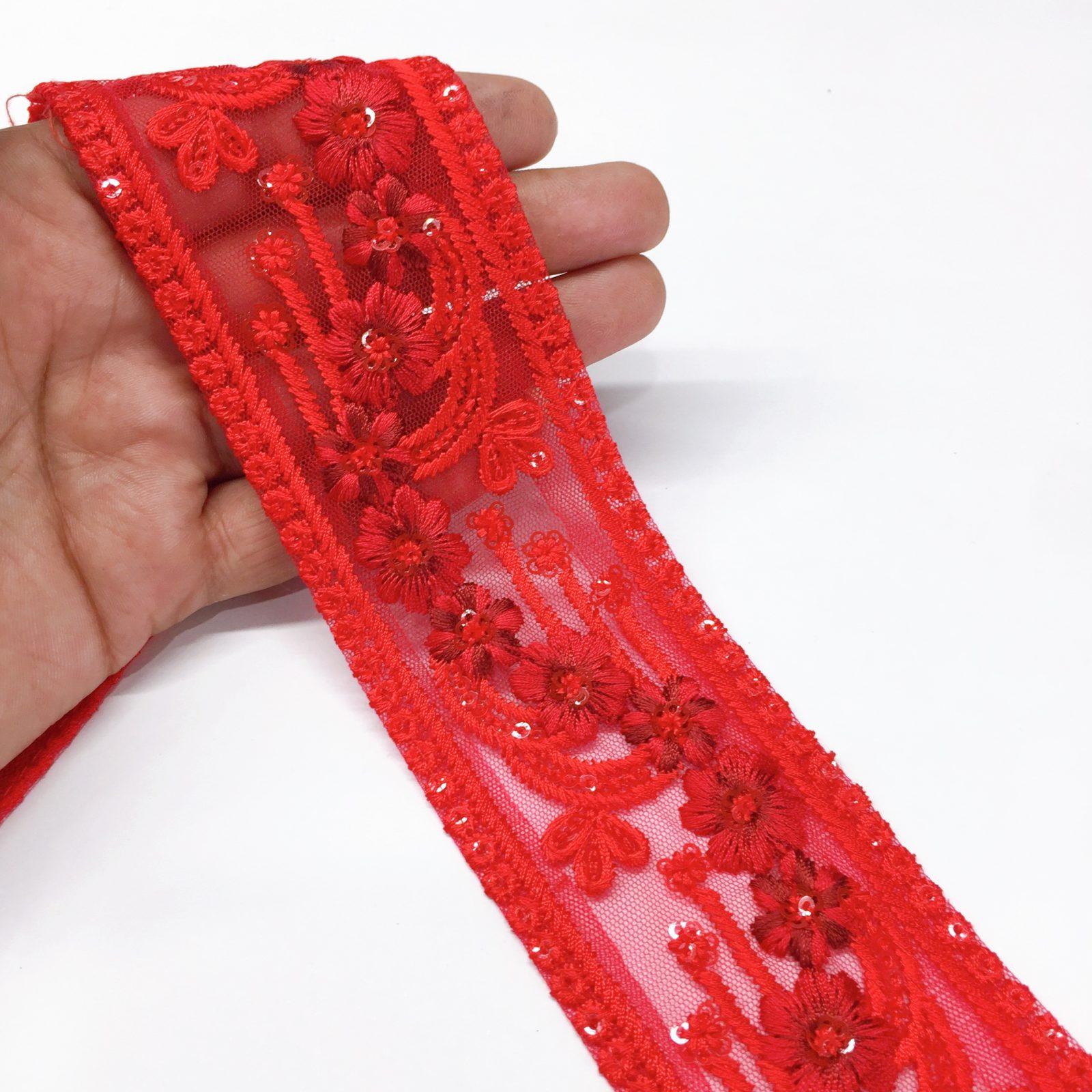 50mm Flower Design Embroidery lace with Sequins Work, shown on white cotton