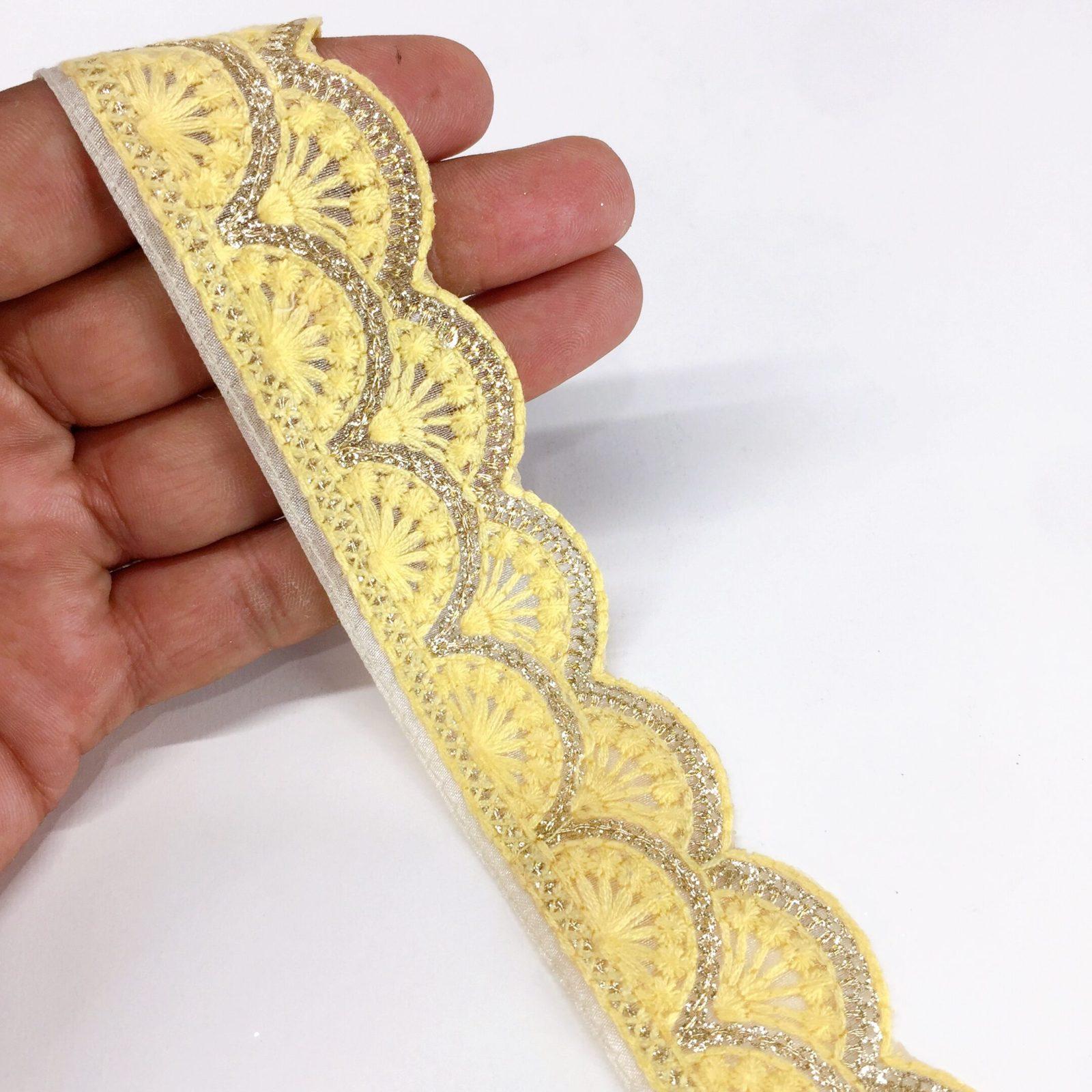 30mm Cutwork Design Embroidery Lace With Double Sequins Line Work, shown on white cotton