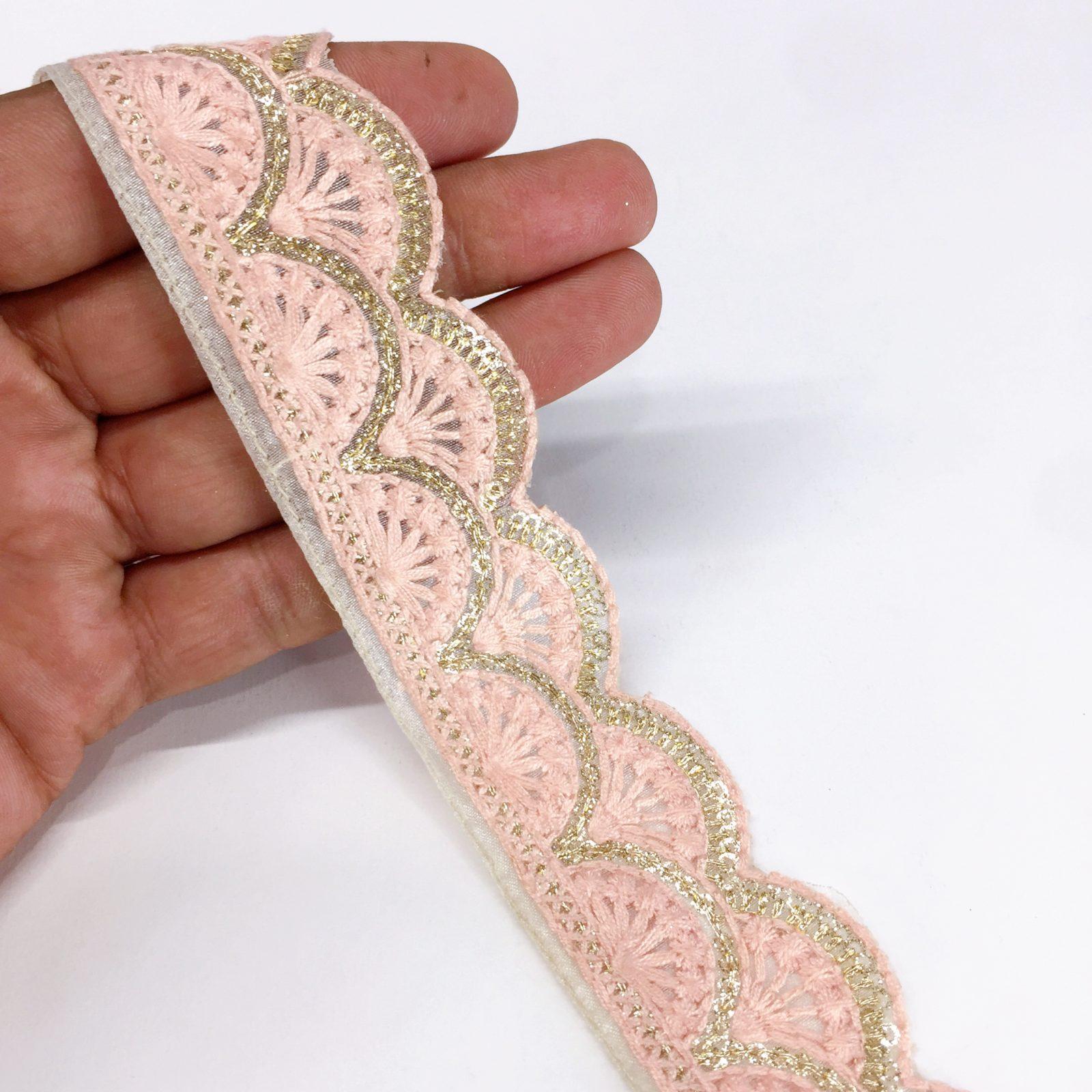 30mm Cutwork Design Embroidery Lace With Double Sequins Line Work, shown on white cotton