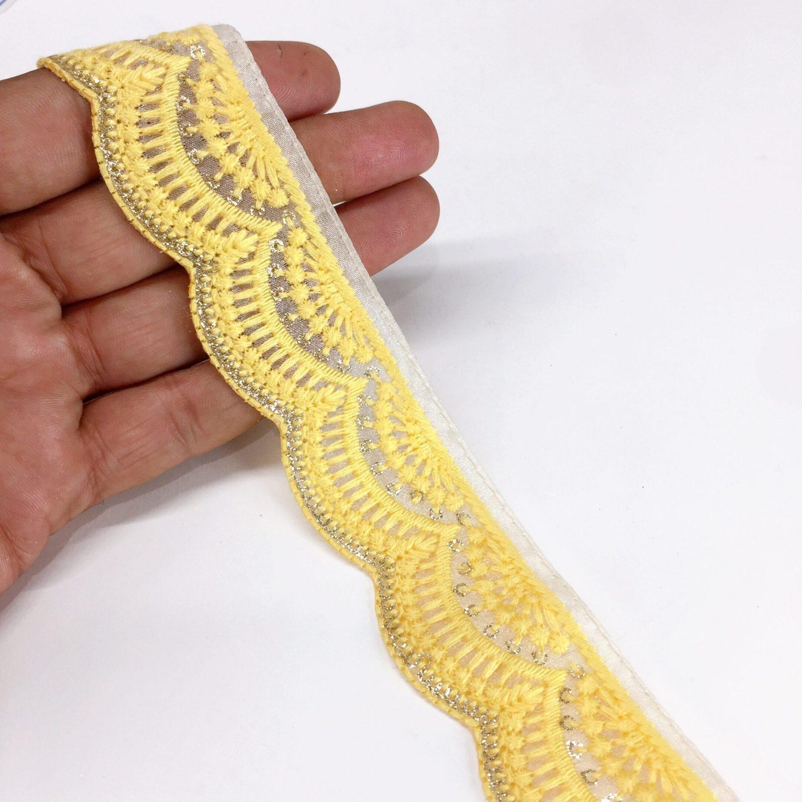 30mm Cutwork Design Embroidery Lace With Sequins Work, shown on white cotton