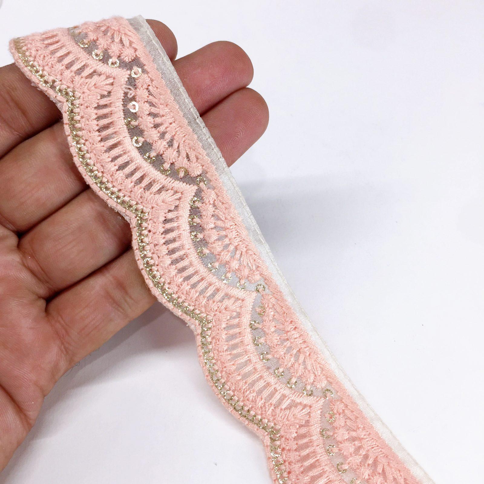 30mm Cutwork Design Embroidery Lace With Sequins Work, shown on white cotton