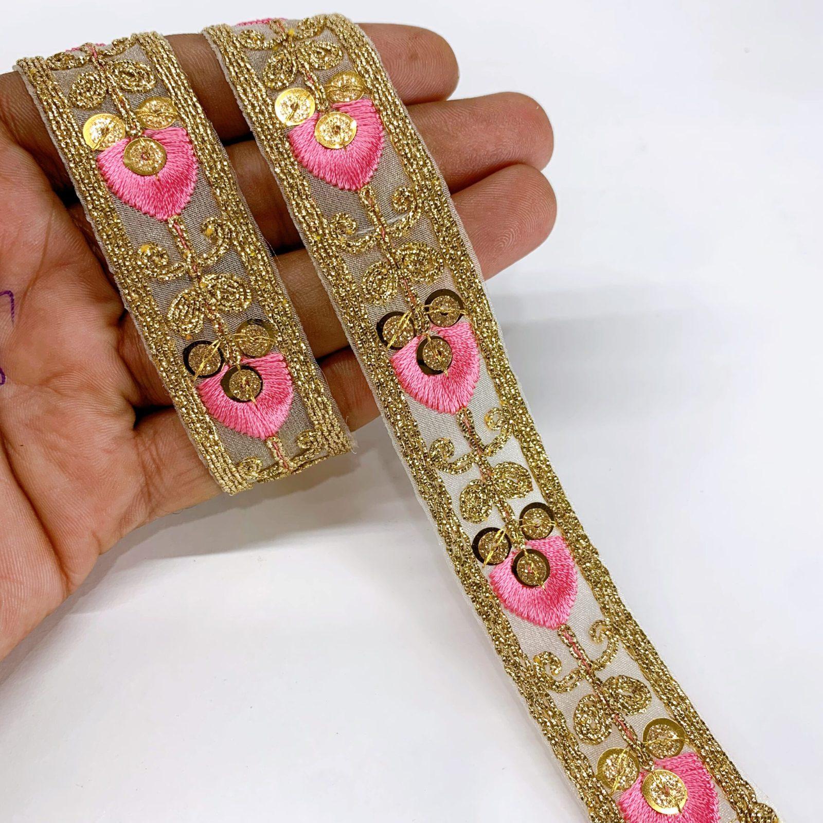 20mm Leaf Design Embroidery lace with Golden Sequins and Dori Work Border, shown on white cotton