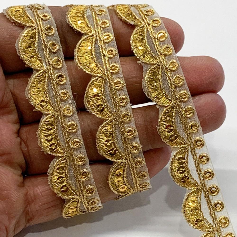 16mm Designer Cutwork Embroidery Lace With Sequins And Dori Work, shown on white cotton