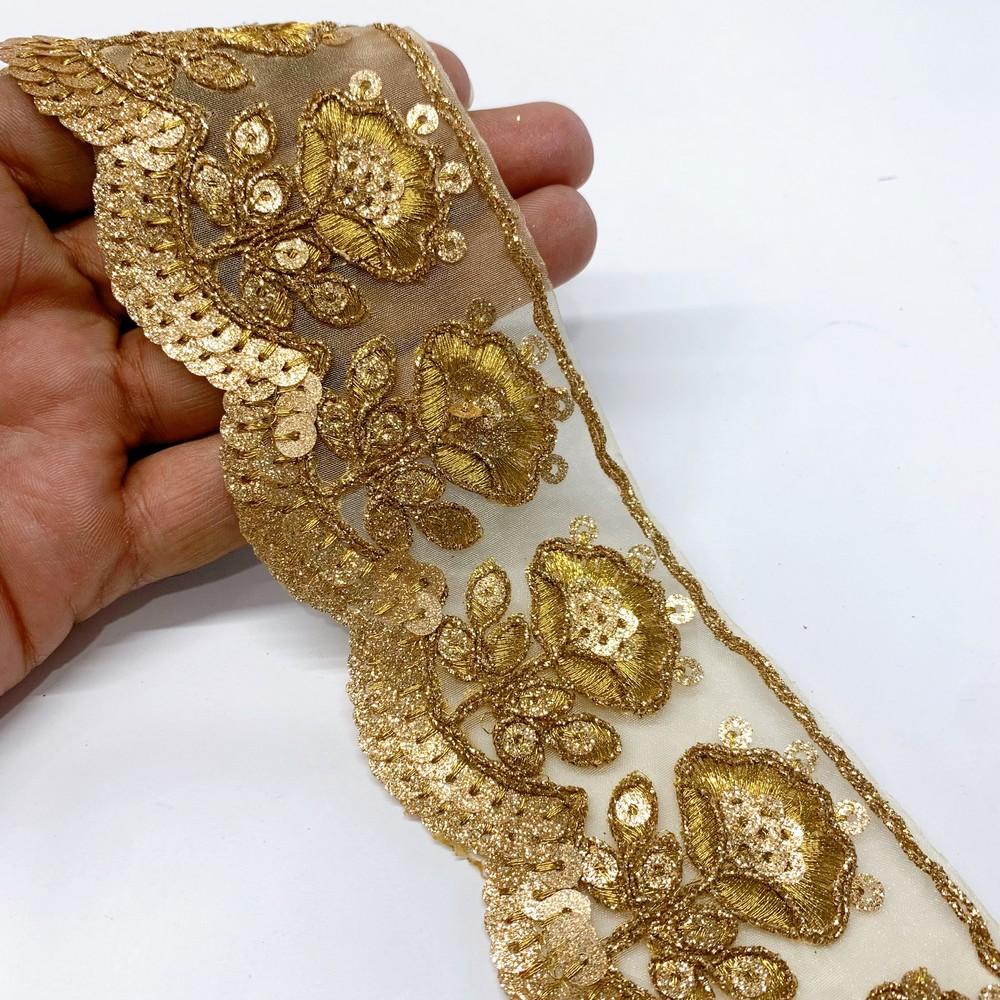 56 mm Designer Flower Cutwork Embroidery Lace With Sequins And Dori work, shown on white cotton