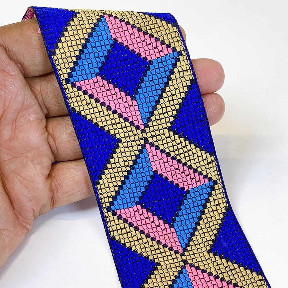 55mm Geometrical ColourFul Jacquard Ribbon, shown on white cotton