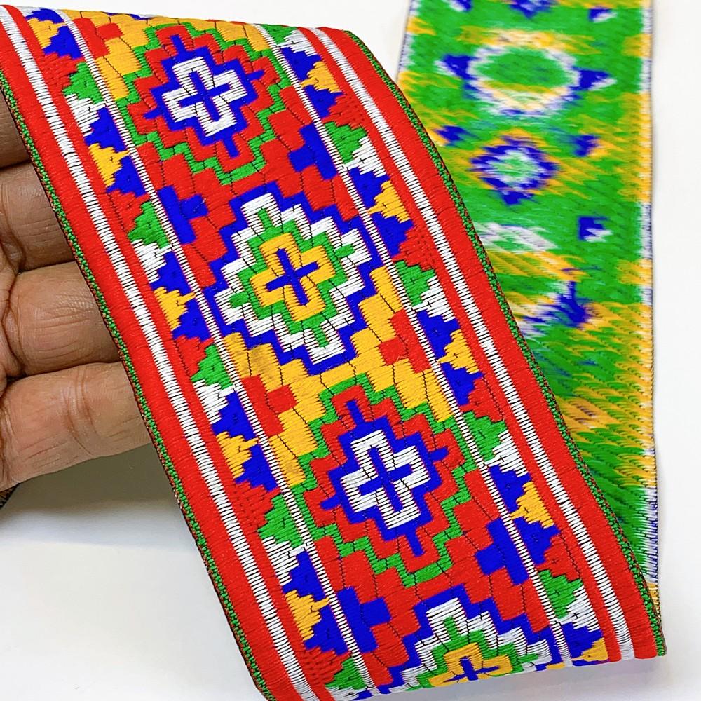 65mm Geometrical ColourFul Jacquard Ribbon, shown on white cotton