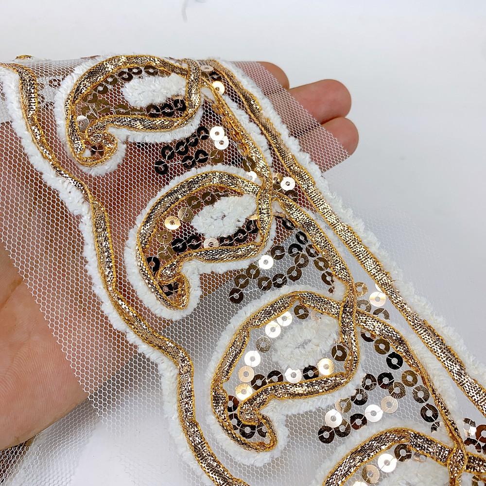 103 mm Designer Embroidery Lace With Sequins Work, shown on white cotton