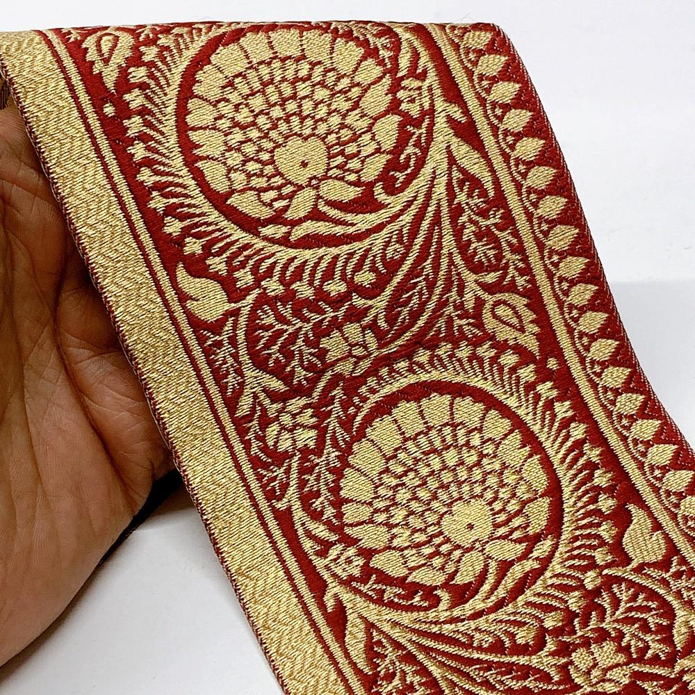 100mm Flower Design Banarasi Jacquard Lace, shown on white cotton