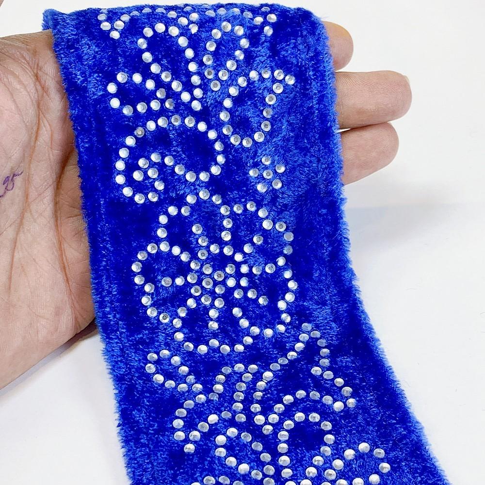 70mm Designer Velvet Lace With Flower Design Stone Work, shown on white cotton