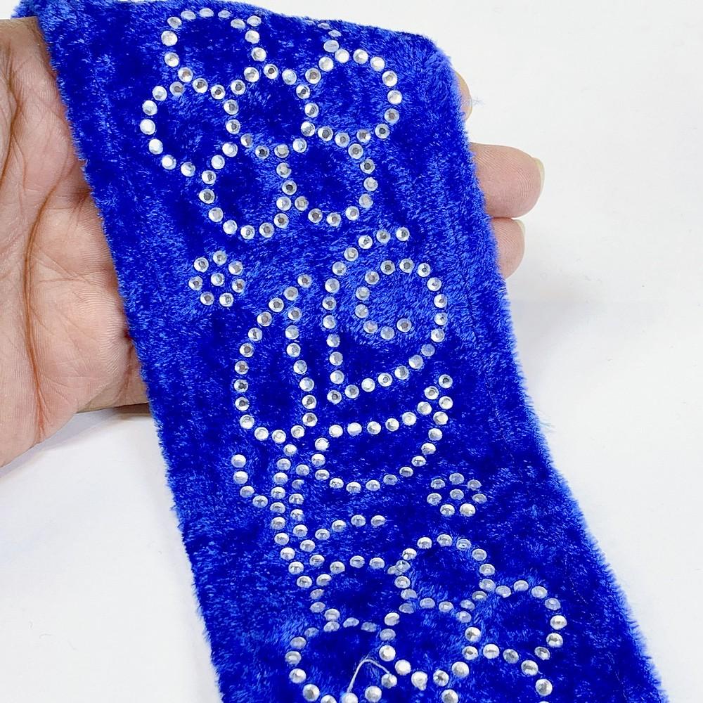 65mm Designer Velvet Lace With Flower Design Stone Work, shown on white cotton