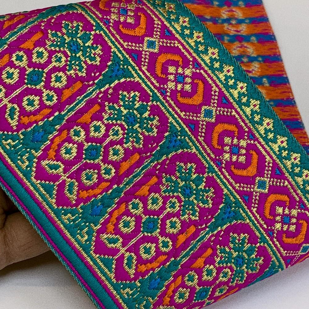 96 mm Colorful Cross stitch Jacquard Lace With Jari Work, shown on white cotton