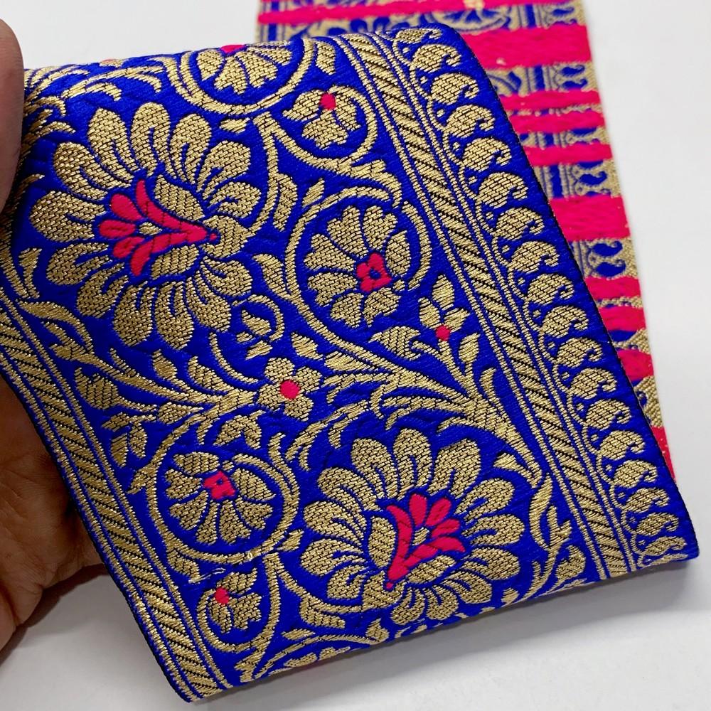 100mm Designer Foral Banarasi Lace, shown on white cotton