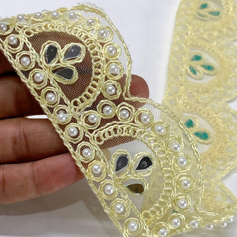 46 mm Designer Cutwork Embroidery Lace With Stone Work, shown on white cotton