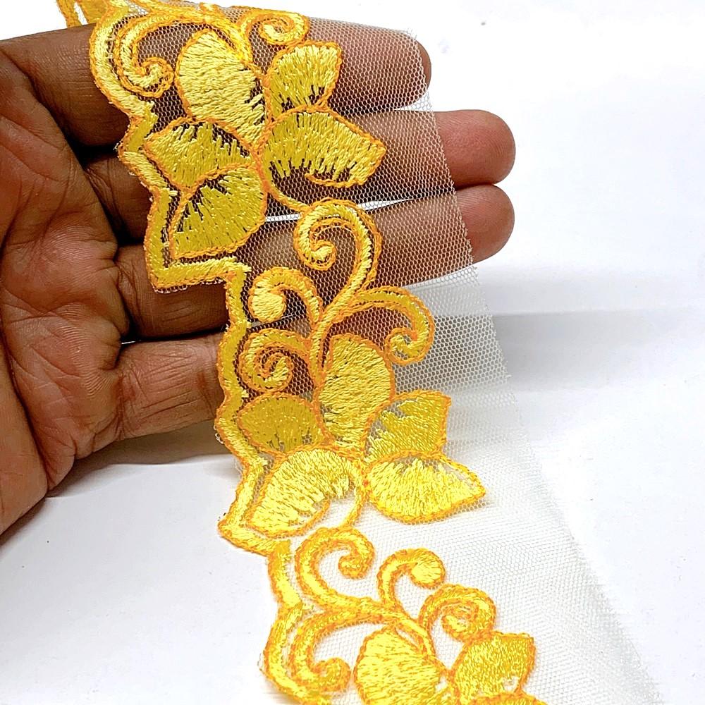 48 mm Designer Cutwork Embroidery Lace, shown on white cotton