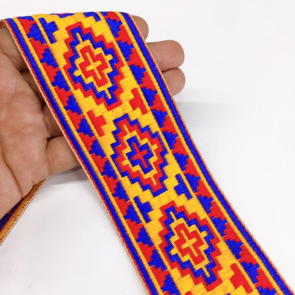 58 mm Designer Geometrical ColourFul Jacquard Ribbon, shown on white cotton