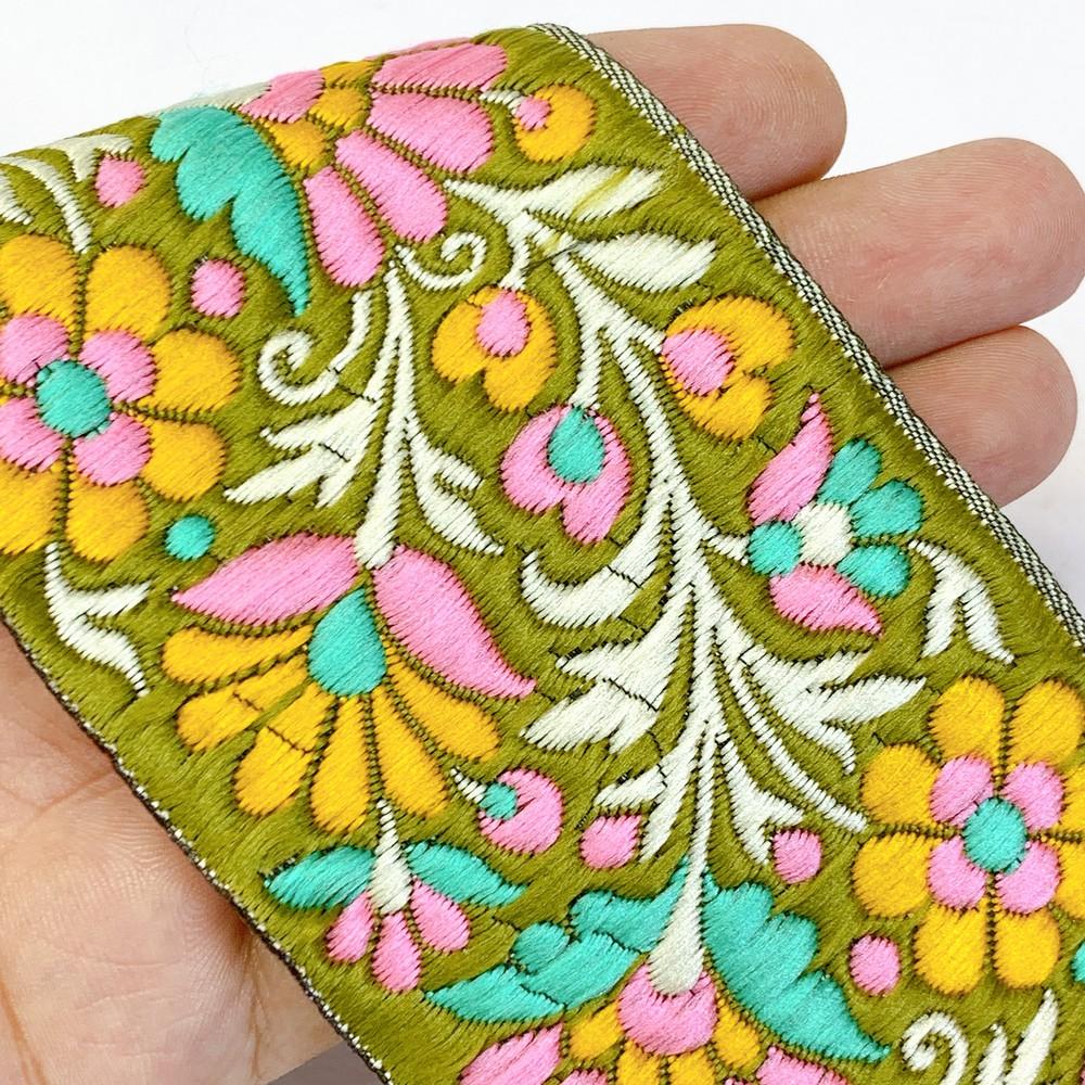 68 mm Designer Parsi Jacquard Ribbon, shown on white cotton