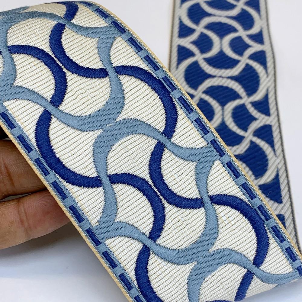 55mm Decorative Tapestry Tape with Interlocking Wave Design, shown on white cotton