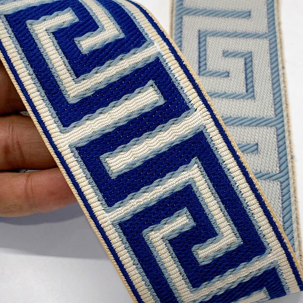 55mm Designer Tapestry Tapes with Greek Key Pattern, shown on white cotton