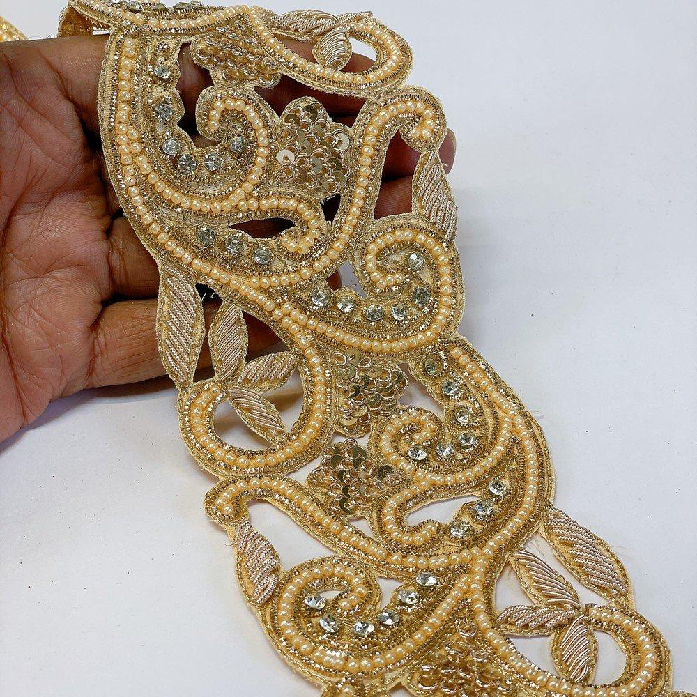 Embroidery Cutwork Border with Jardozi, Stones & Sequins Work – Luxury Lace for Sarees, Lehengas & Dresses, shown on white cotton