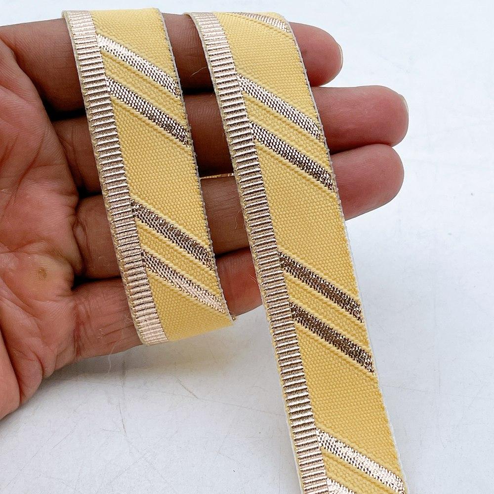 22mm Fancy Gota Work Ribbon Spool Diagonal Zari Stripe Lace Trim for Sewing, Crafts & Apparel, shown on white cotton