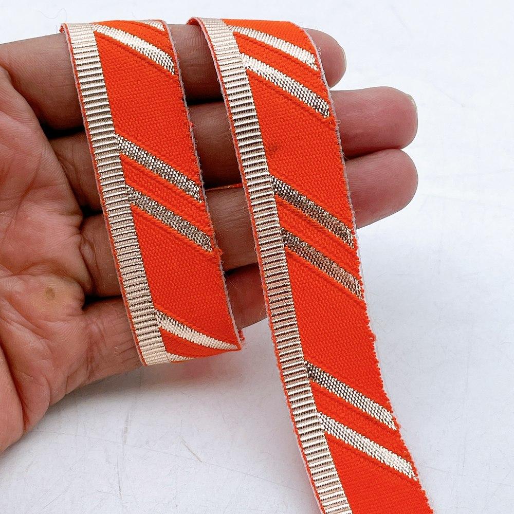 22mm Fancy Gota Work Ribbon Spool Diagonal Zari Stripe Lace Trim for Sewing, Crafts & Apparel, shown on white cotton