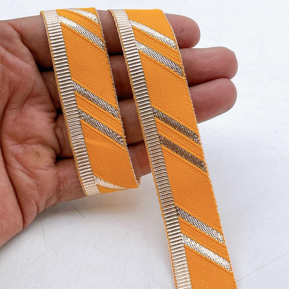 22mm Fancy Gota Work Ribbon Spool Diagonal Zari Stripe Lace Trim for Sewing, Crafts & Apparel, shown on white cotton
