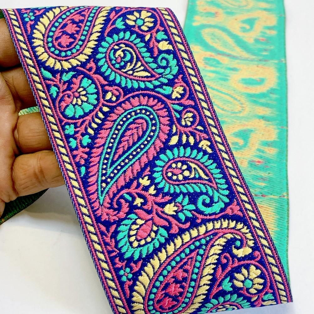 74mm Premium Woven Jacquard Paisley Ribbon | High-Density Ethnic Trim | Paisley Border for Garments and Accessories, shown on white cotton