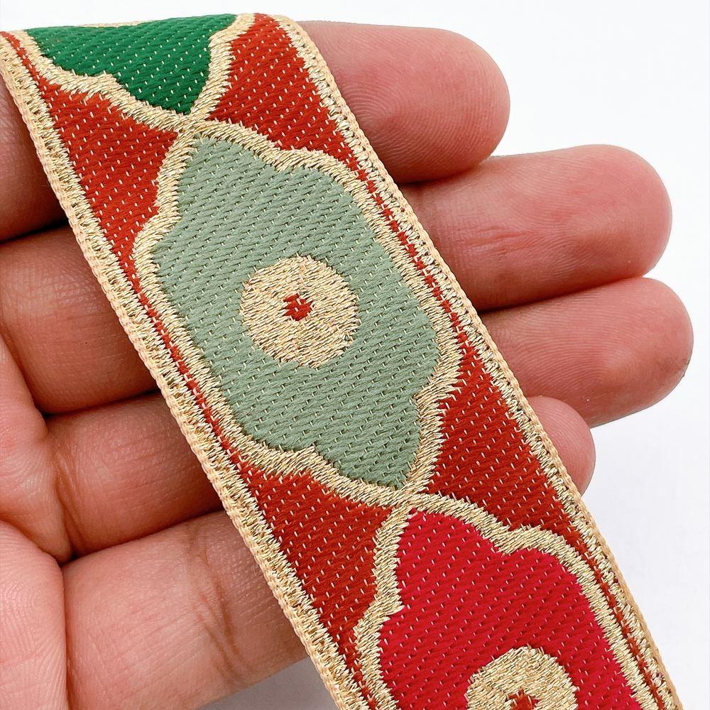 30mm Vintage Quatrefoil Pattern Jacquard Ribbon for Sewing and Crafts, shown on white cotton