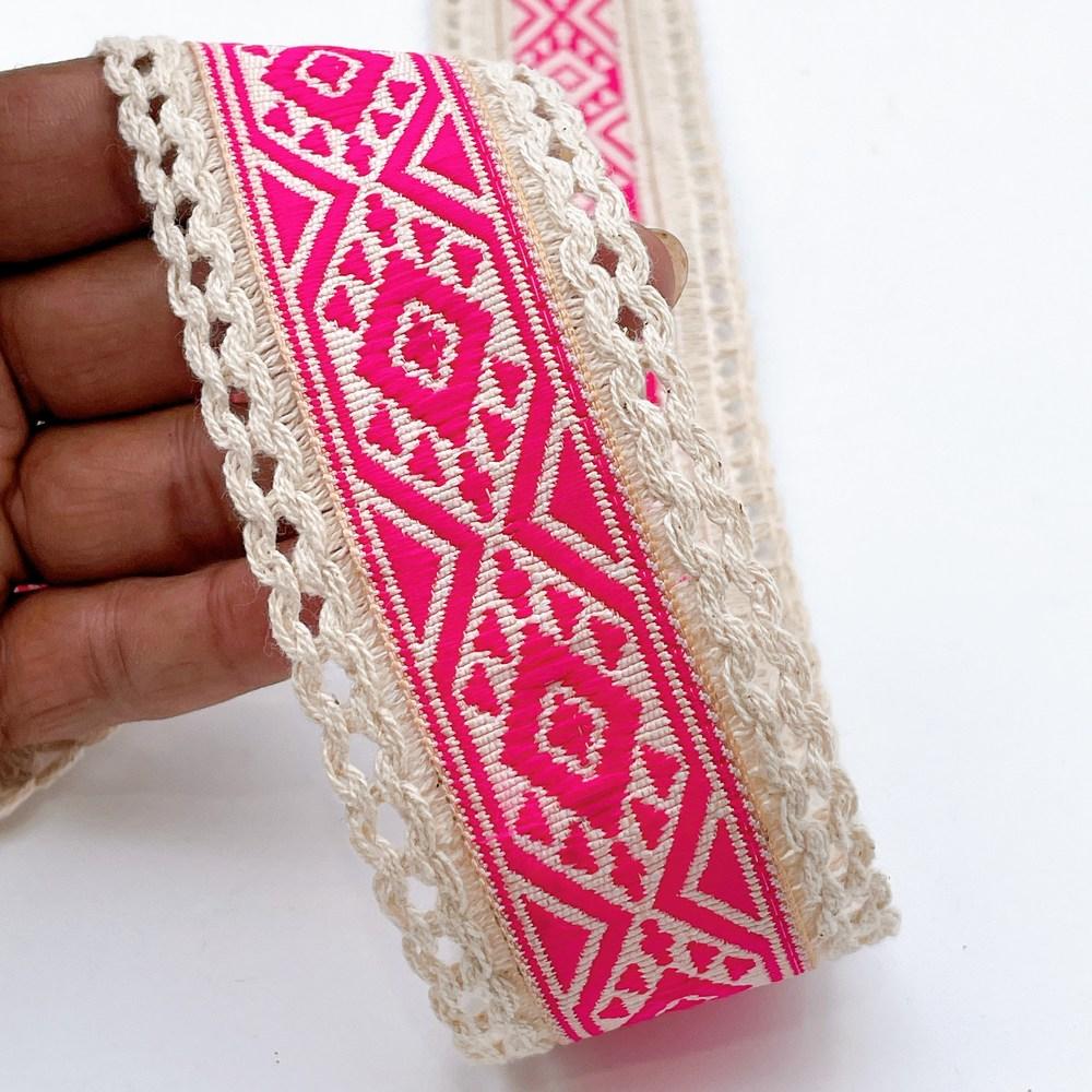 50mm Jacquard Ribbon Trim with Cotton Frill - Woven Geometric Border for Ethnic Wear, shown on white cotton