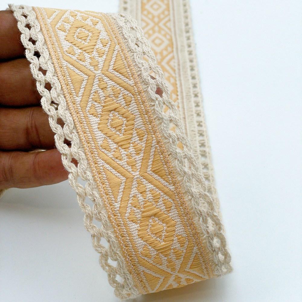 50mm Jacquard Ribbon Trim with Cotton Frill - Woven Geometric Border for Ethnic Wear, shown on white cotton