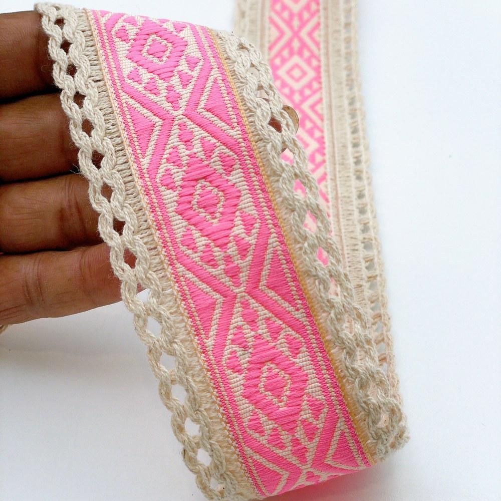 50mm Jacquard Ribbon Trim with Cotton Frill - Woven Geometric Border for Ethnic Wear, shown on white cotton
