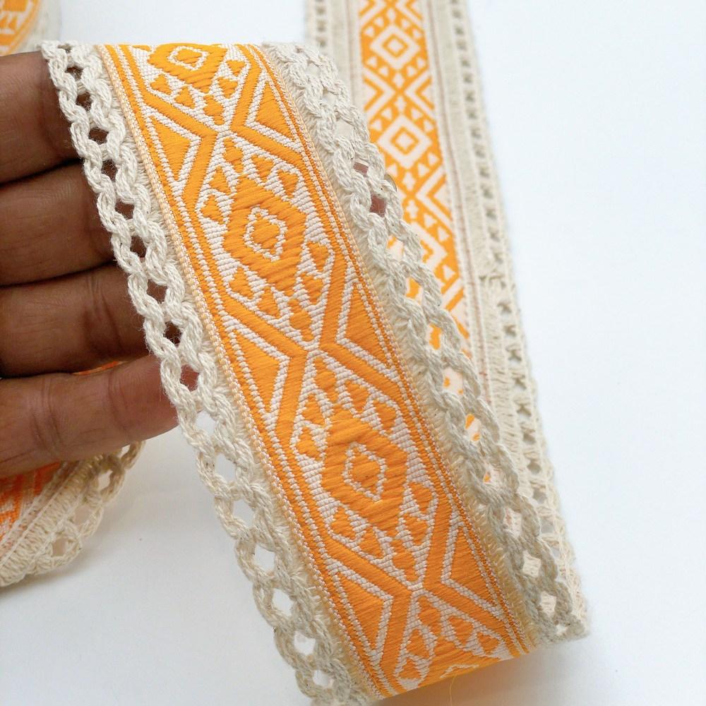 50mm Jacquard Ribbon Trim with Cotton Frill - Woven Geometric Border for Ethnic Wear, shown on white cotton