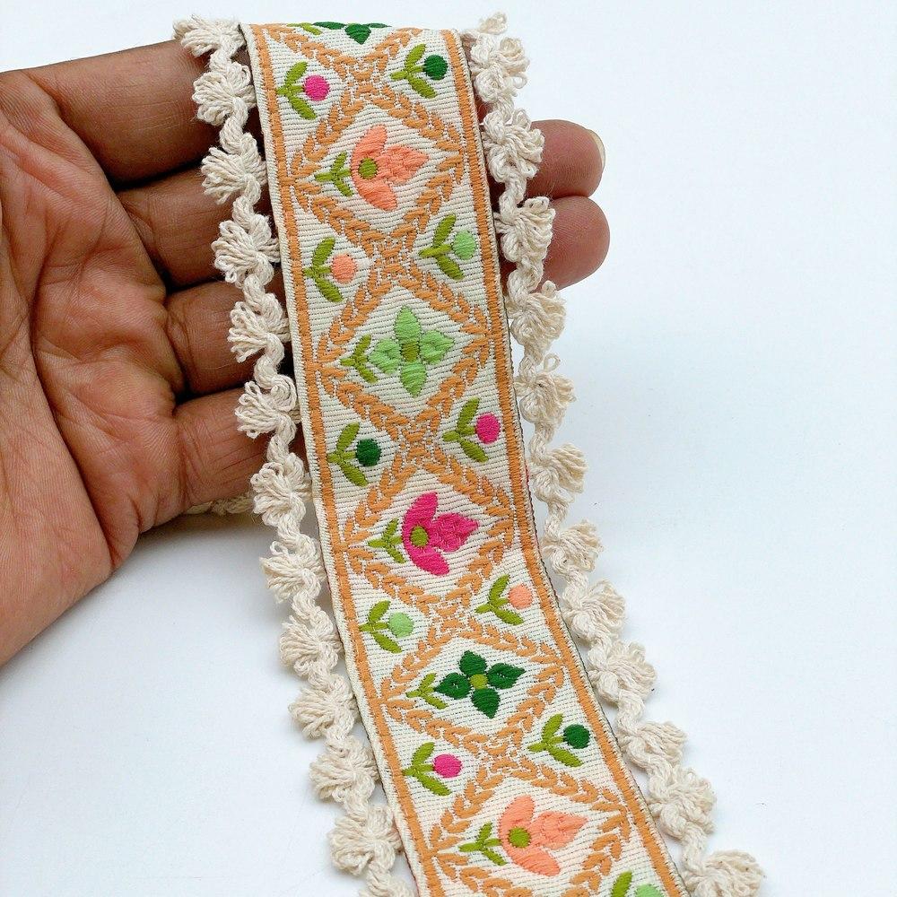55mm Jacquard Ribbon Trim with Cotton Frill - Woven Geometric Border for Ethnic Wear, shown on white cotton