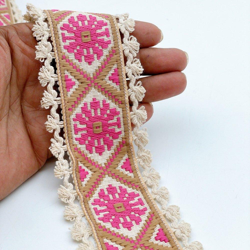 60mm Jacquard Ribbon Trim with Cotton Frill - Woven Geometric Border for Ethnic Wear, shown on white cotton