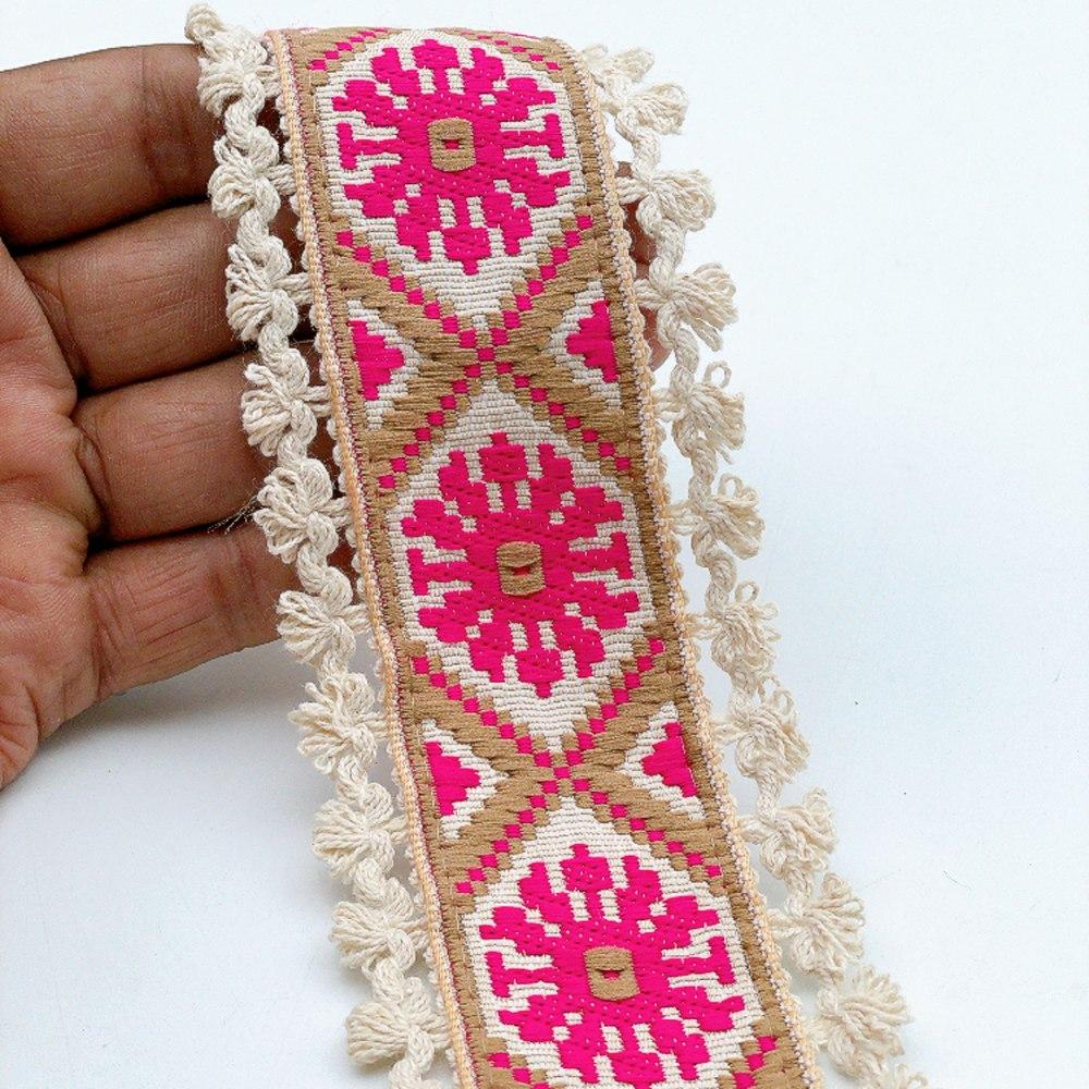 60mm Jacquard Ribbon Trim with Cotton Frill - Woven Geometric Border for Ethnic Wear, shown on white cotton