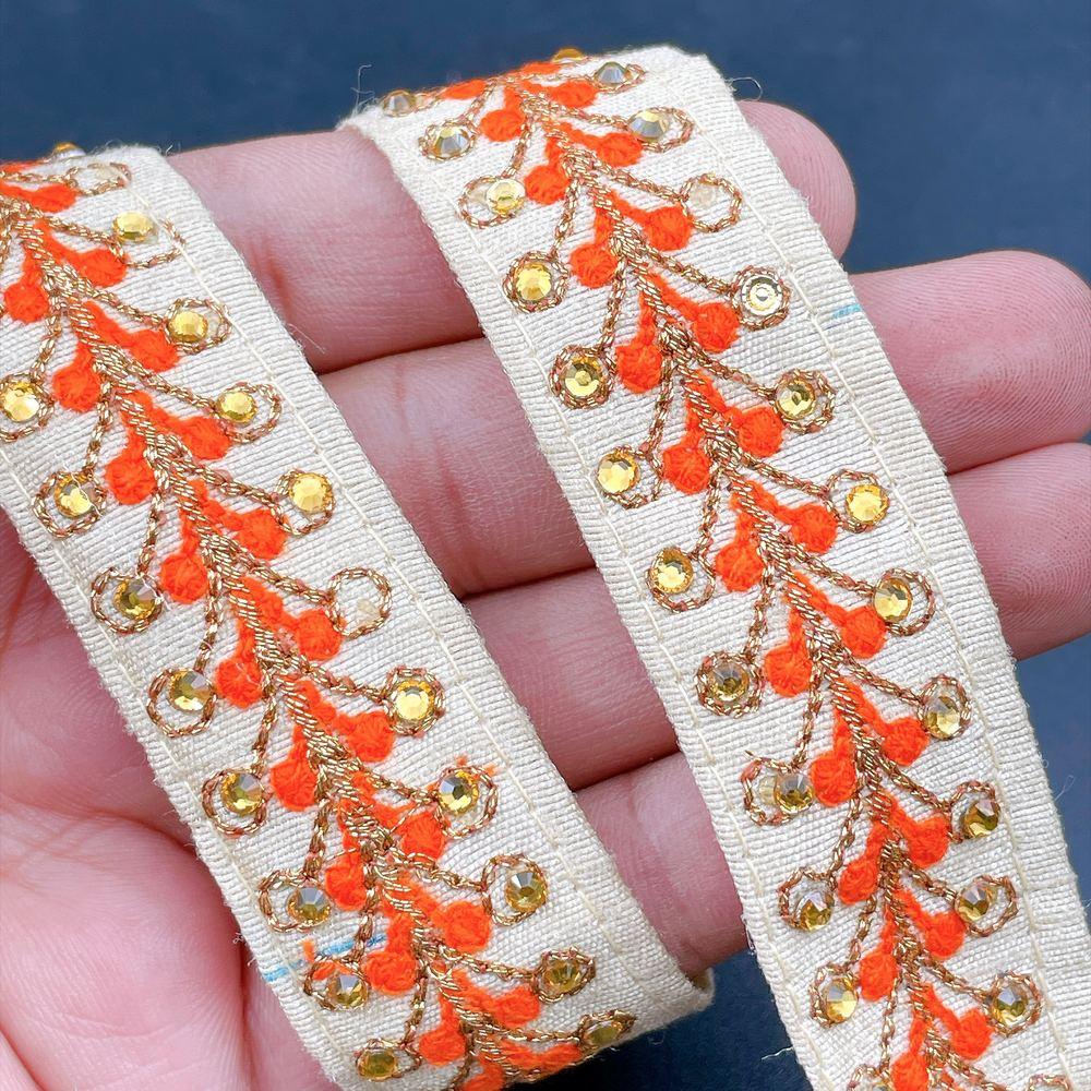 22mm Embroidered Vine Lace Trim - Sequin Botanical Border for Apparel and Crafts, shown on white cotton