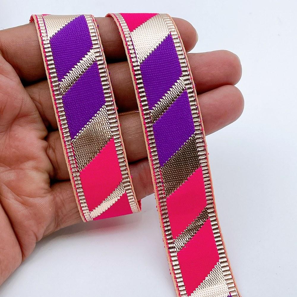 20mm Vibrant Gota Patti Lace Trim - Diagonal Color Block Border for Ethnic Wear in Purple