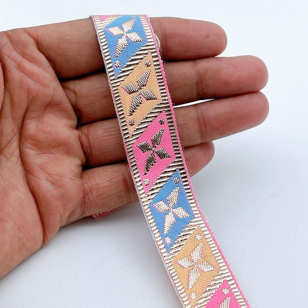 20mm Geometric Zari Motif Ribbon - Shimmering Border for Lehengas and Crafts, shown on white cotton