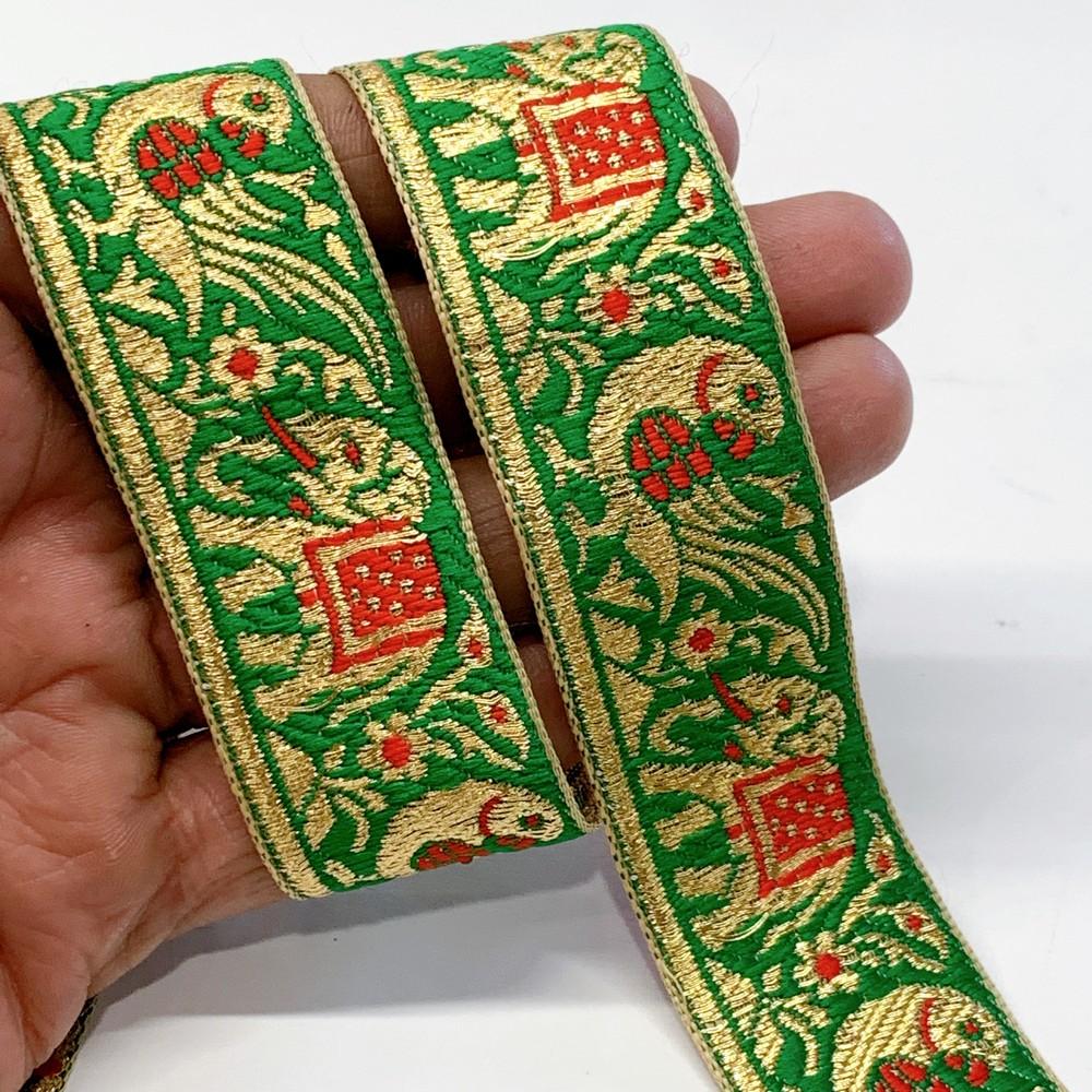 30mm Designer Hathi Mor Banarasi Jacquard Ribbon with Golden Zari Thread Work, shown on white cotton