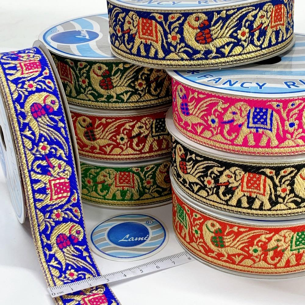 30mm Designer Hathi Mor Banarasi Jacquard Ribbon with Golden Zari Thread Work, view 1