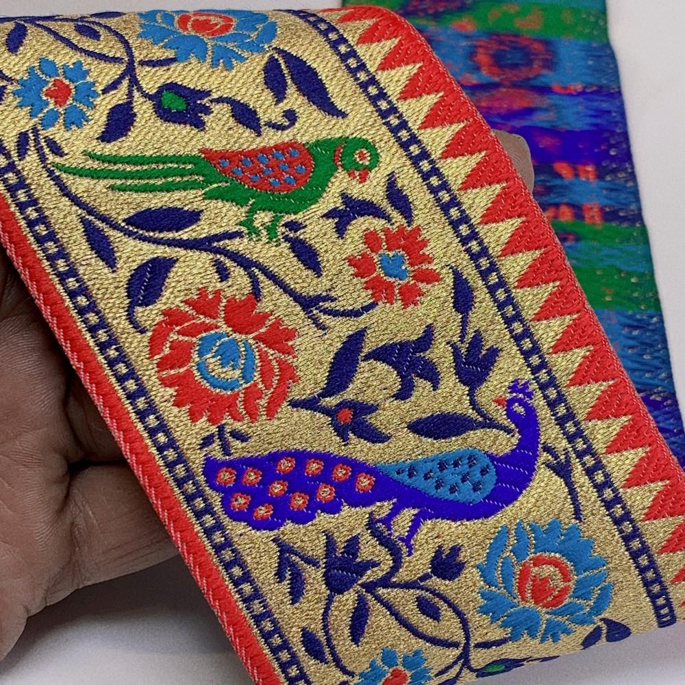 75mm Traditional Peacock & Parrot Jacquard Ribbon - Woven Banarasi Golden Zari Border for Ethnic Wear, shown on white cotton