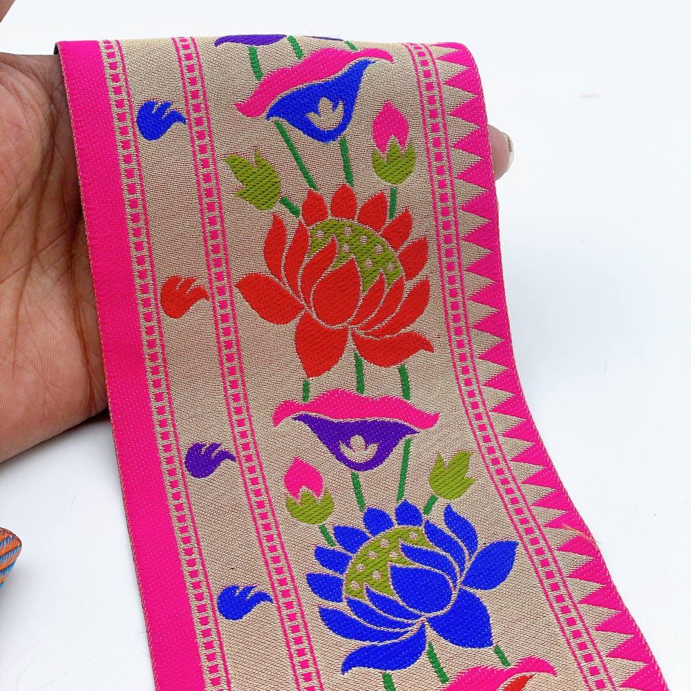 95mm Traditional Kamal Lotus Jacquard Ribbon - Woven Banarasi Zari Border for Ethnic Wear, shown on white cotton