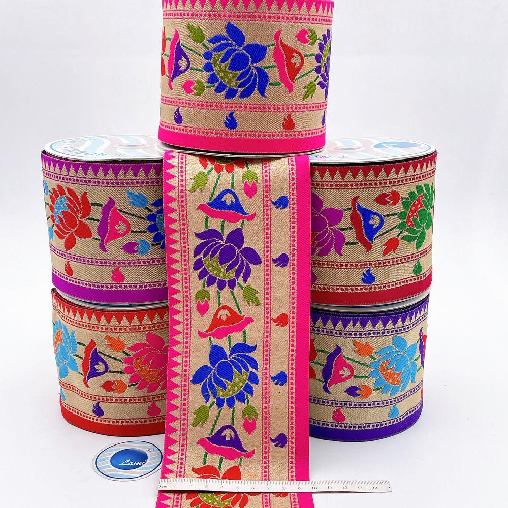 95mm Traditional Kamal Lotus Jacquard Ribbon - Woven Banarasi Zari Border for Ethnic Wear, view 1
