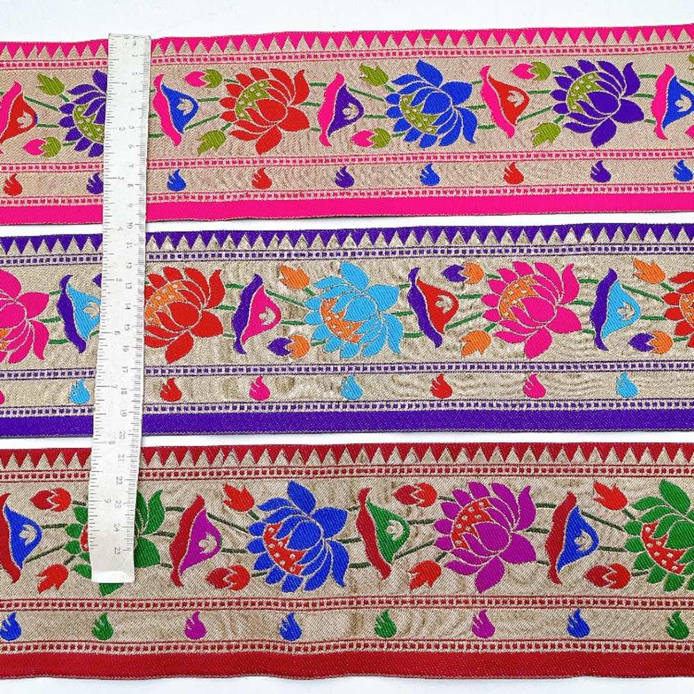 95mm Traditional Kamal Lotus Jacquard Ribbon - Woven Banarasi Zari Border for Ethnic Wear, view 2