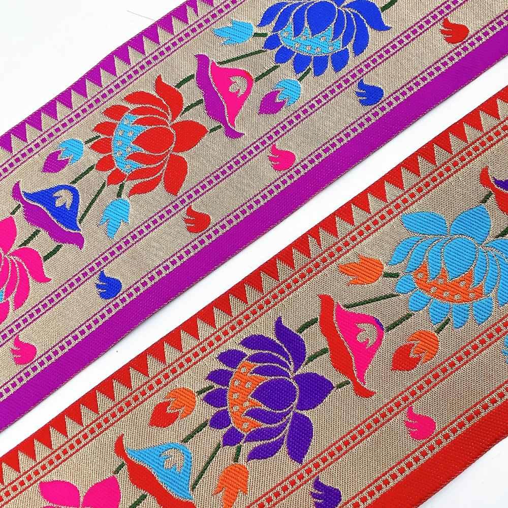 95mm Traditional Kamal Lotus Jacquard Ribbon - Woven Banarasi Zari Border for Ethnic Wear, view 5