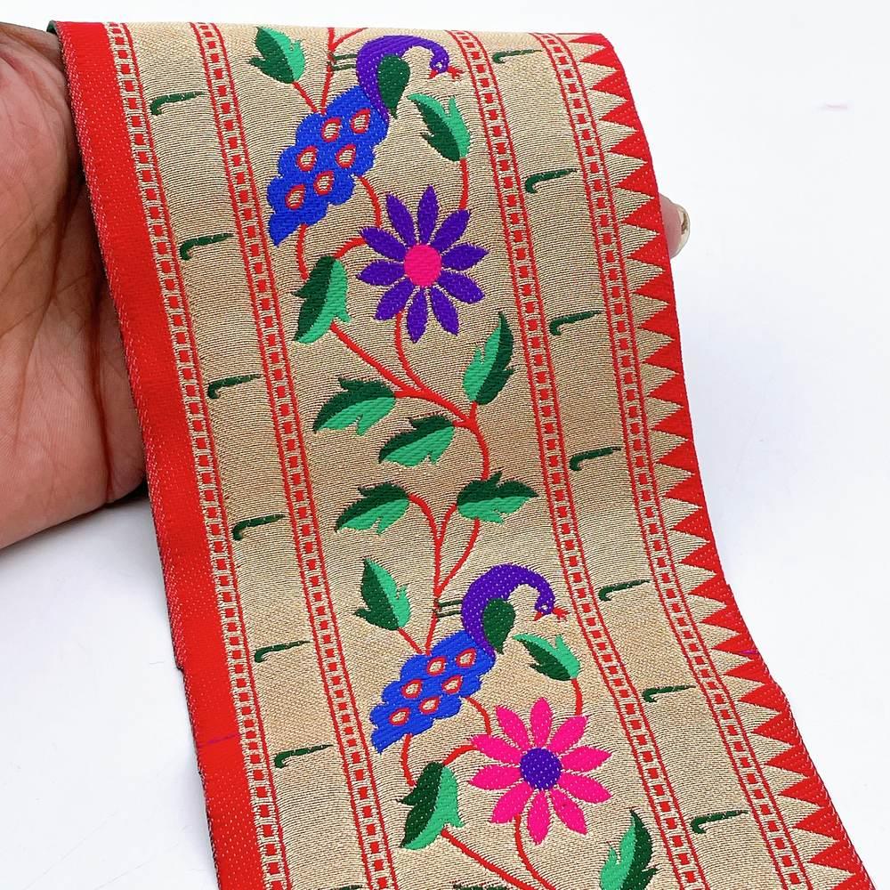 100mm Traditional Peacock & Floral Vine Jacquard Ribbon - Woven Banarasi Zari Border for Ethnic Wear, shown on white cotton