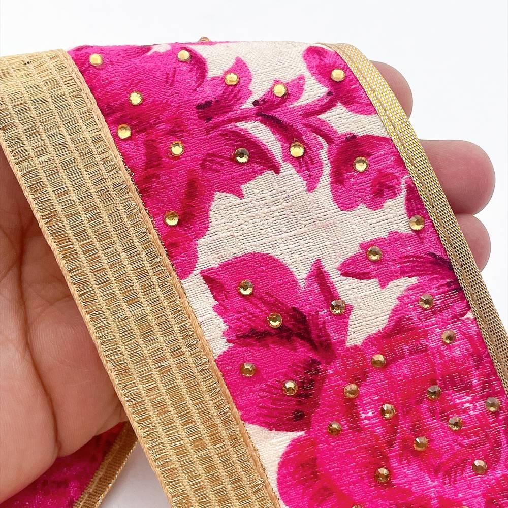 75mm Floral Tapestry Jacquard Ribbon Trim with Stone Work - Gold Zari Border for Ethnic Wear, shown on white cotton