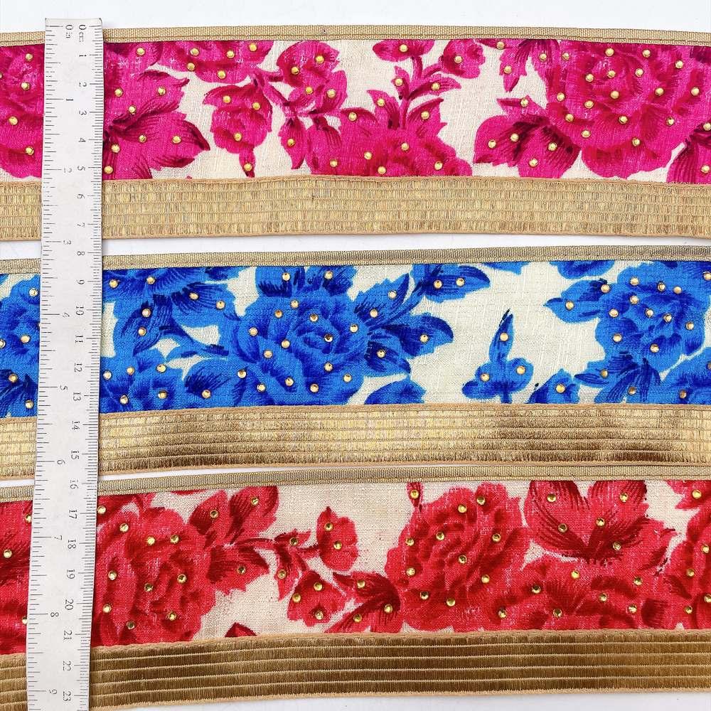 75mm Floral Tapestry Jacquard Ribbon Trim with Stone Work - Gold Zari Border for Ethnic Wear, view 2