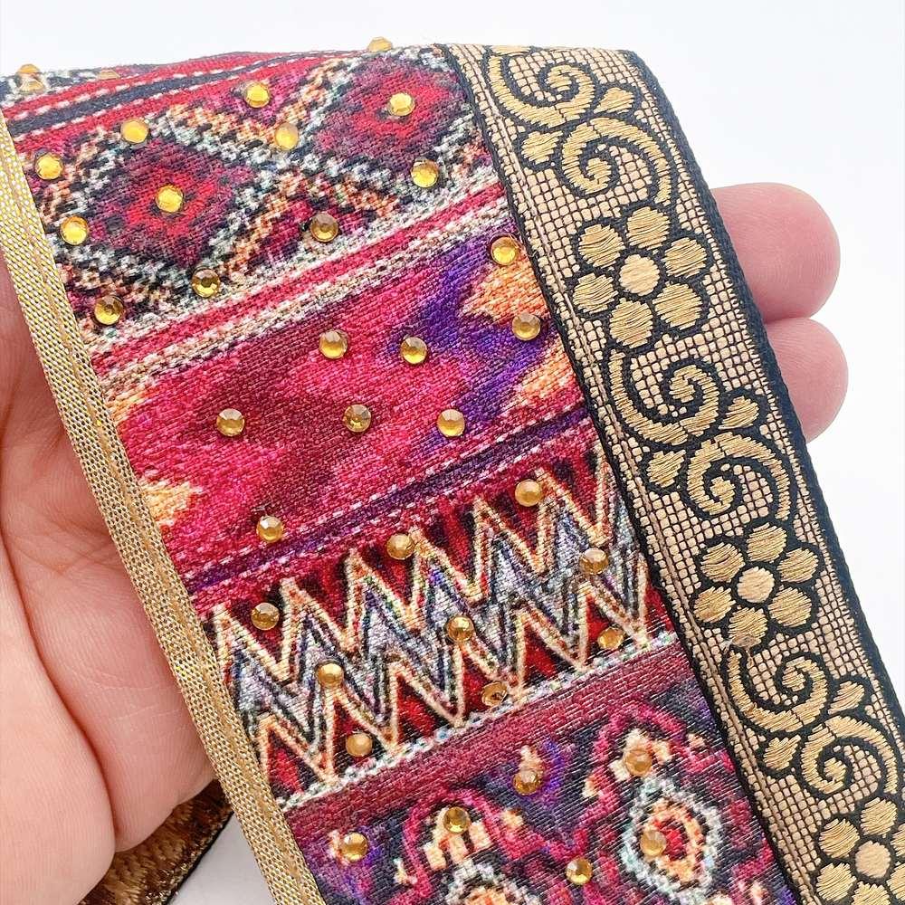 75mm Kutchi Geometric Jacquard Ribbon Trim with Stone Work - Gold Zari Border for Ethnic Wear, shown on white cotton